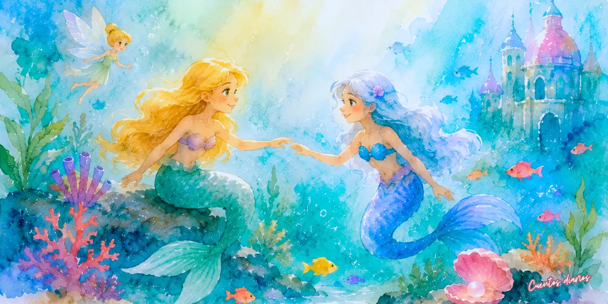 Dibujo en acuarela d la princesa Lucía y la sirena Marina se encuentran en el reino submarino durante su aventura para encontrar la Perla del Destino en el cuento infantil La sirenita.