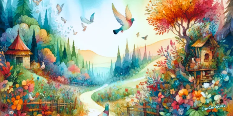 Dibujo en acuarelas de Lucía y la paloma Blanca atravesando un bosque encantado lleno de flores, aves y árboles mágicos para devolver la luz a la naturaleza.