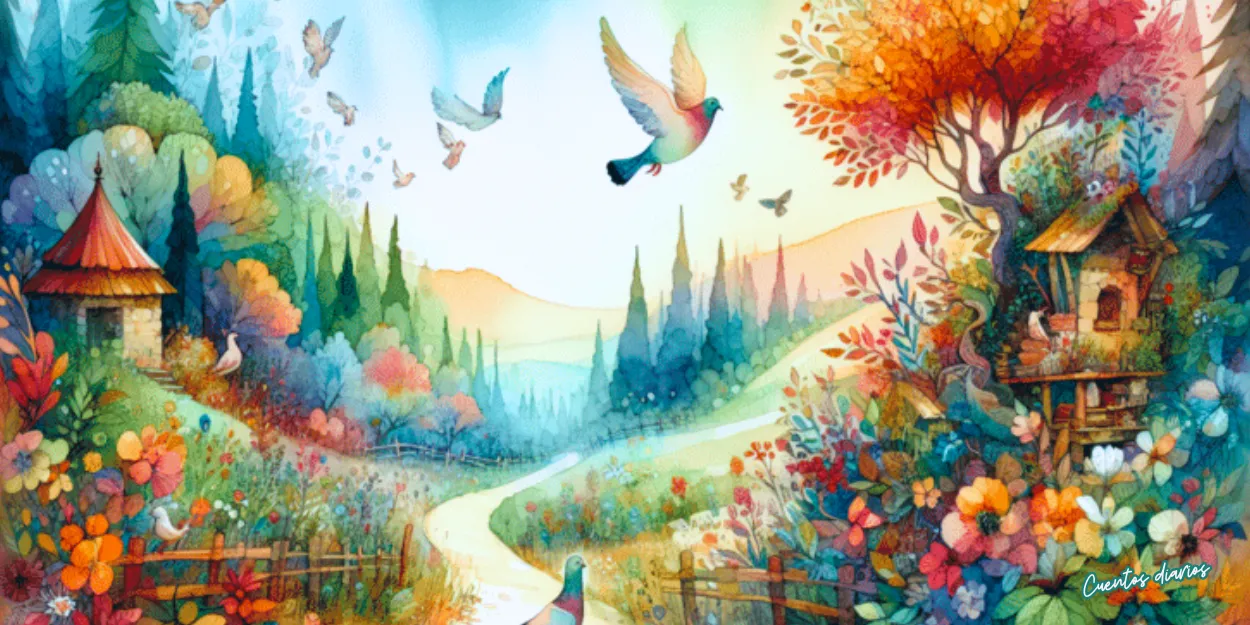 Dibujo en acuarelas de Lucía y la paloma Blanca atravesando un bosque encantado lleno de flores, aves y árboles mágicos para devolver la luz a la naturaleza.