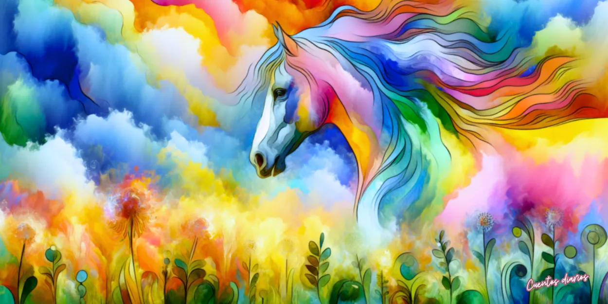 Dibujo en acuarelas de un caballo dorado mágico entre flores de colores en un paisaje fantástico durante la travesía del río encantado.