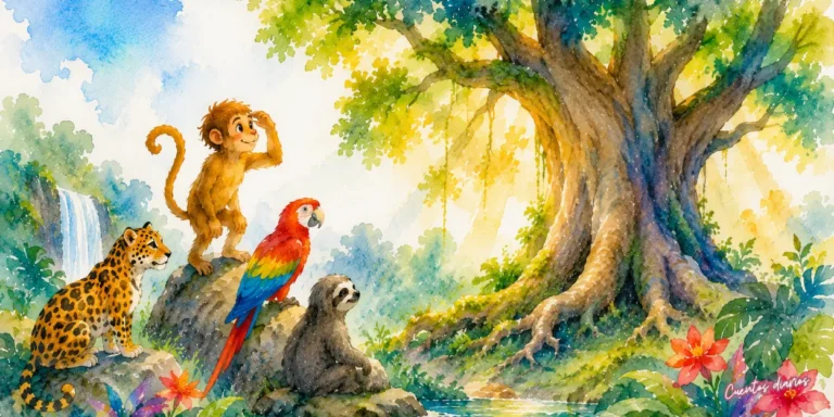 Dibujo en acuarela de un mono valiente junto a un jaguar, una guacamaya y un perezoso frente al Árbol Milenario en un cuento infantil de la selva sobre amistad y naturaleza.