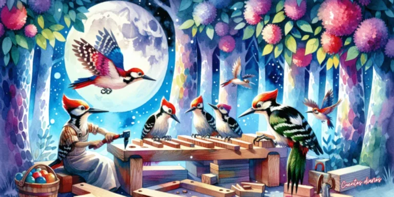 Dibujo en acuarela de un pájaro carpintero junto a sus amigos bajo la luna plateada construyendo una estructura de madera en el Bosque Encantado, ilustración de un cuento infantil de aventuras.