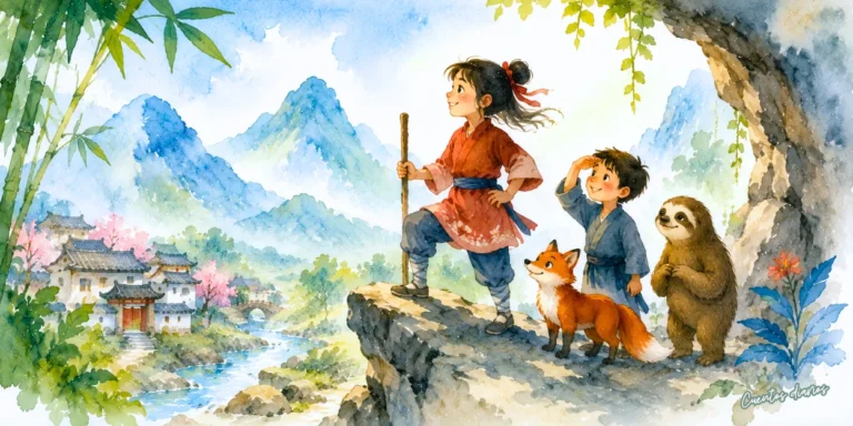 Dibujo en acuarela de Mulán de niña explora las montañas junto a un zorro, un niño y un perezoso en una aventura llena de magia, amistad y valentía.