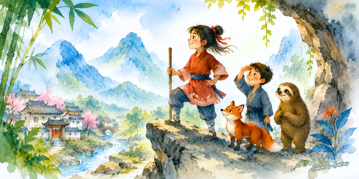 Dibujo en acuarela de Mulán de niña explora las montañas junto a un zorro, un niño y un perezoso en una aventura llena de magia, amistad y valentía.