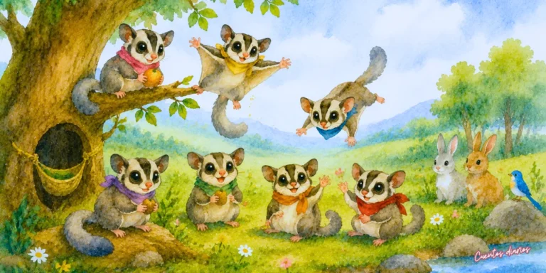 Dibujo en acuarela de un grupo de petauros del azúcar jugando y planeando una aventura en un árbol del bosque, ilustración infantil inspirada en el cuento Los petauros que se llamaban como los miembros de BTS.