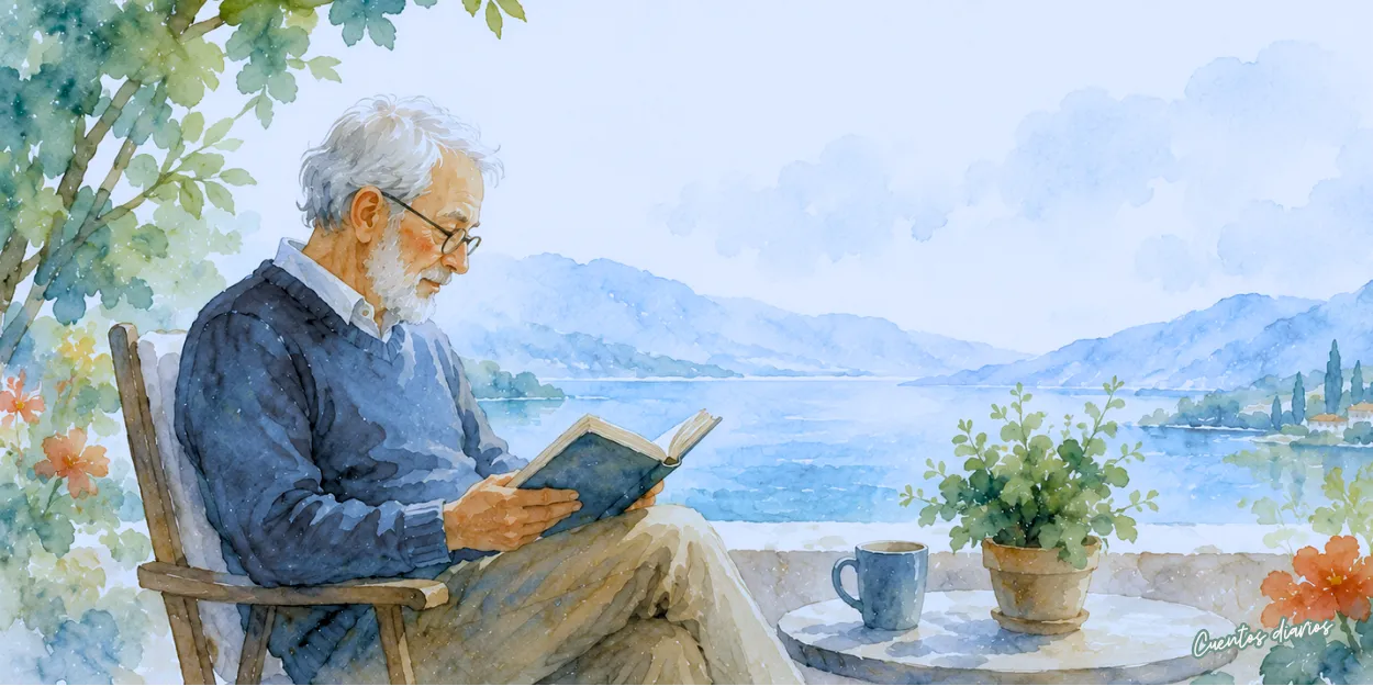 Dibujo en acuarela de un hombre mayor leyendo un libro junto a un lago al atardecer, imagen que representa los relatos cortos para adultos mayores y el placer de la lectura tranquila.