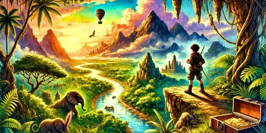 Dibujo en acuarelas de un paisaje de aventura con un joven explorador contemplando una selva, montañas, un río y antiguas ruinas en una ilustración de acuarela para cuentos de aventuras.