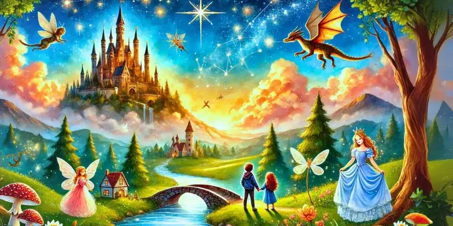 Dibujo en acuarela de un reino mágico con un castillo encantado, hadas, dragón, princesa y niños explorando un mundo de fantasía en una ilustración de acuarela para cuentos mágicos.