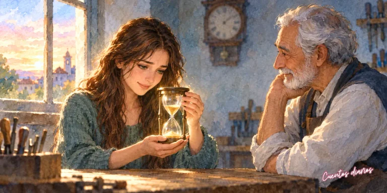 Mariana contempla un reloj de arena encantado mientras Don Alejandro, el viejo relojero, la observa en su taller.