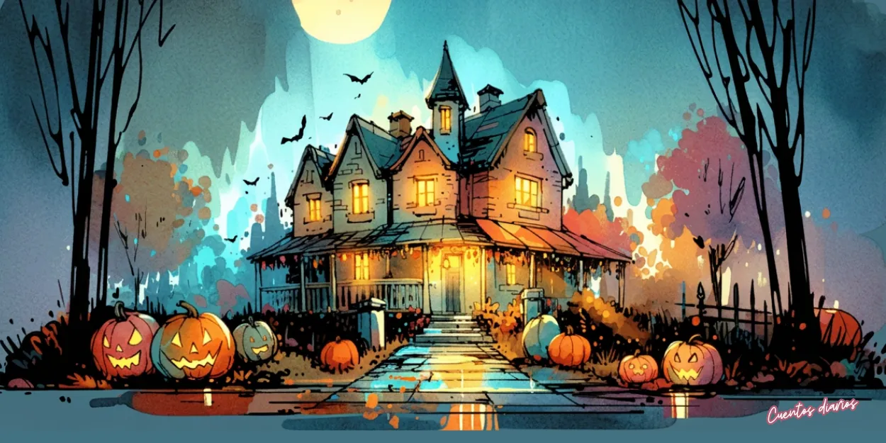 Dibujo en acuarelas de una casa misteriosa de noche rodeada de calabazas de Halloween, inspirada en el cuento infantil del cementerio antiguo y el niño fantasma.