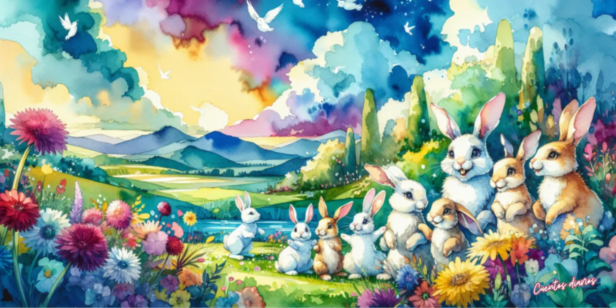 Dibujo en acuarela d eunos conejos del Bosque de los Susurros reunidos en un colorido paisaje mágico tras ayudar al mago Zabén a devolver la paz y la armonía al bosque.