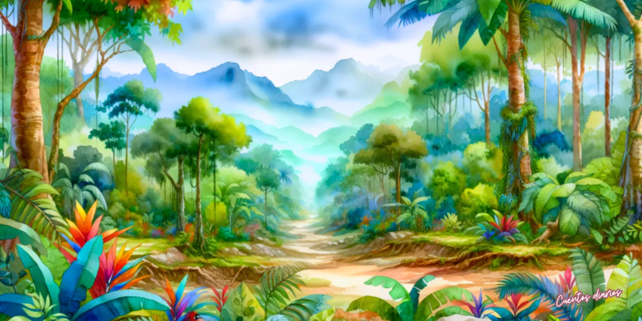 Dibujo en acuarela de una selva tropical con abundante vegetación y un sendero entre montañas, escenario del cuento del elefante sabio y la flor de la vida eterna.