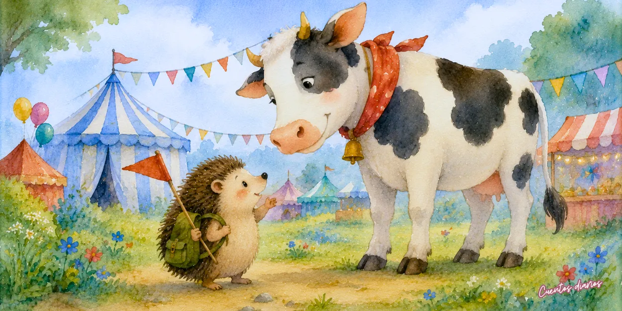 Ernesto, un pequeño erizo aventurero, conversa con Valentina, una simpática vaca lechera, durante la Feria de las Maravillas en un cuento infantil de amistad y aventuras.