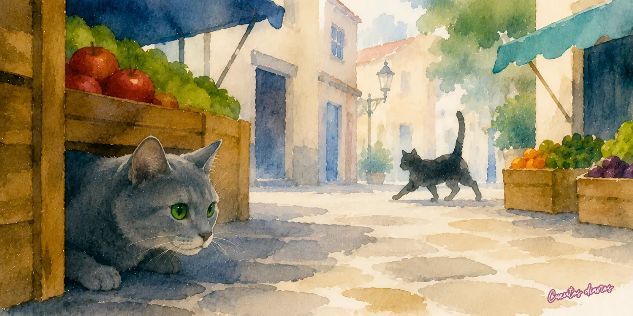 Dibujo en acuarela de Leonardo, el gato detective gris de ojos verdes, investiga entre cajas de fruta mientras otro gato cruza el mercado del vecindario.