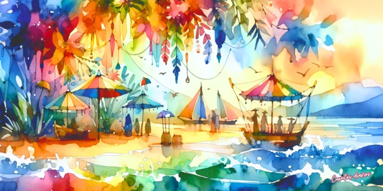 Dibujo en acuarelas de un jardín de verano junto al mar con sombrillas de colores, veleros y un ambiente mágico relacionado con el secreto del colibrí dorado.