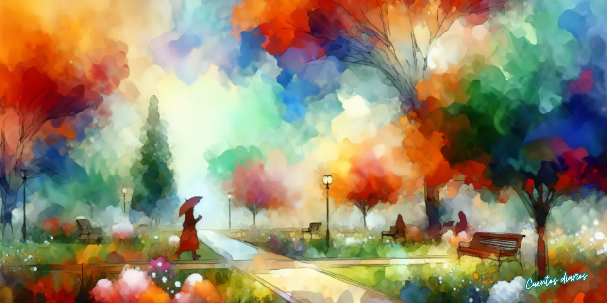 Dibujo de un jardín lleno de flores y árboles de colores que representa las flores del alma y el camino de sanación de Gabriel y Mateo.