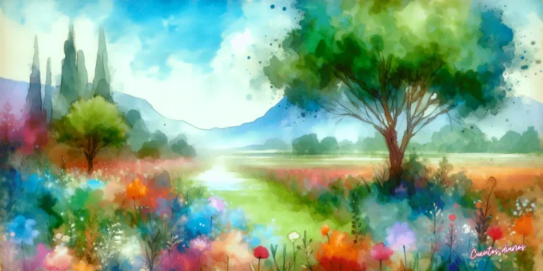 Dibujo de un paisaje de la ciudad olvidada rodeada de árboles, flores y montañas en el cuento del joven músico Santiago.