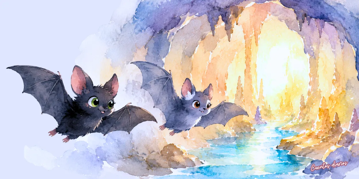 Dibujo en acuarela de murciélagos explorando una cueva luminosa con un río subterráneo y formaciones rocosas en una ilustración infantil de aventuras y amistad.