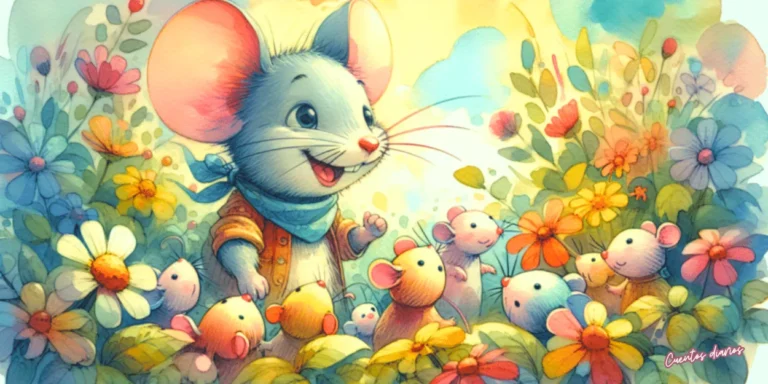 Dibujo en acuarelas de un pequeño ratón explorador rodeado de flores junto a otros ratones en un colorido jardín, ilustración de un cuento infantil sobre tesoros, amistad y generosidad.