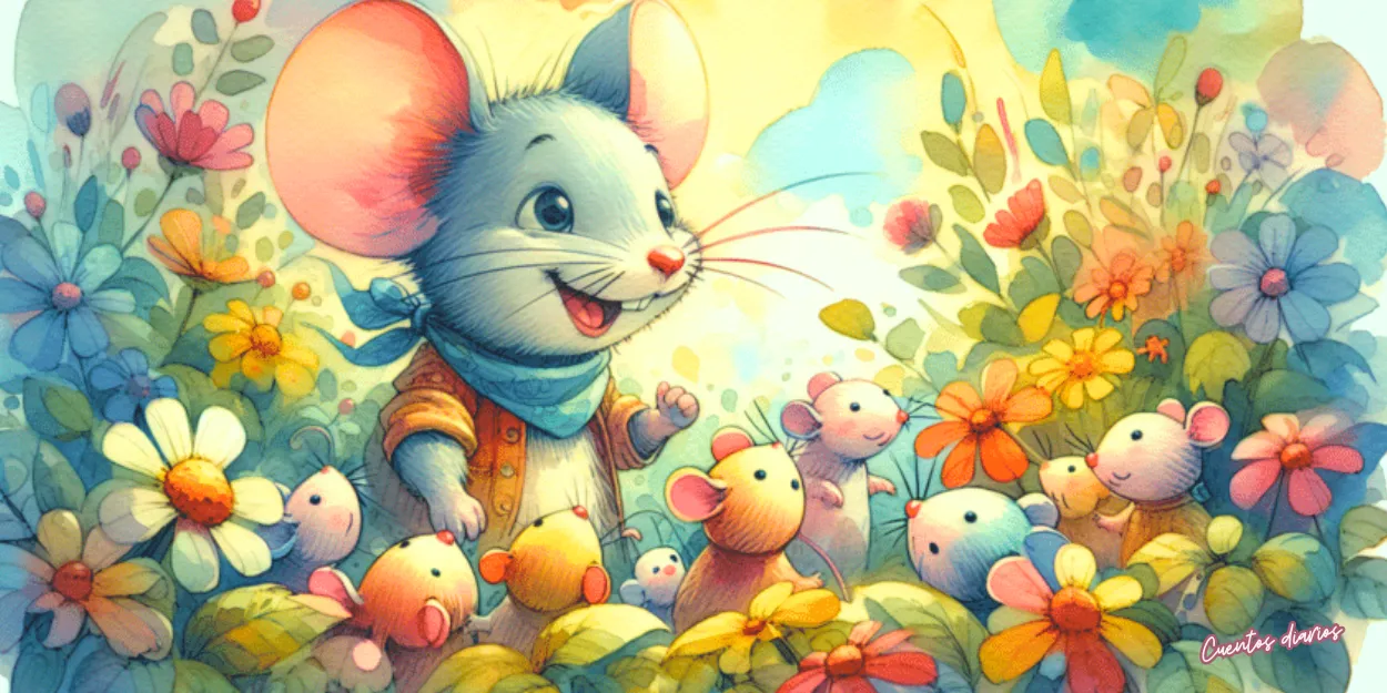 Dibujo en acuarelas de un pequeño ratón explorador rodeado de flores junto a otros ratones en un colorido jardín, ilustración de un cuento infantil sobre tesoros, amistad y generosidad.