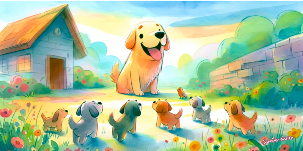 Dibujo en acuarelas de Rocco, un perrito callejero adoptado, juega feliz con otros perros frente a su nuevo hogar rodeado de flores.