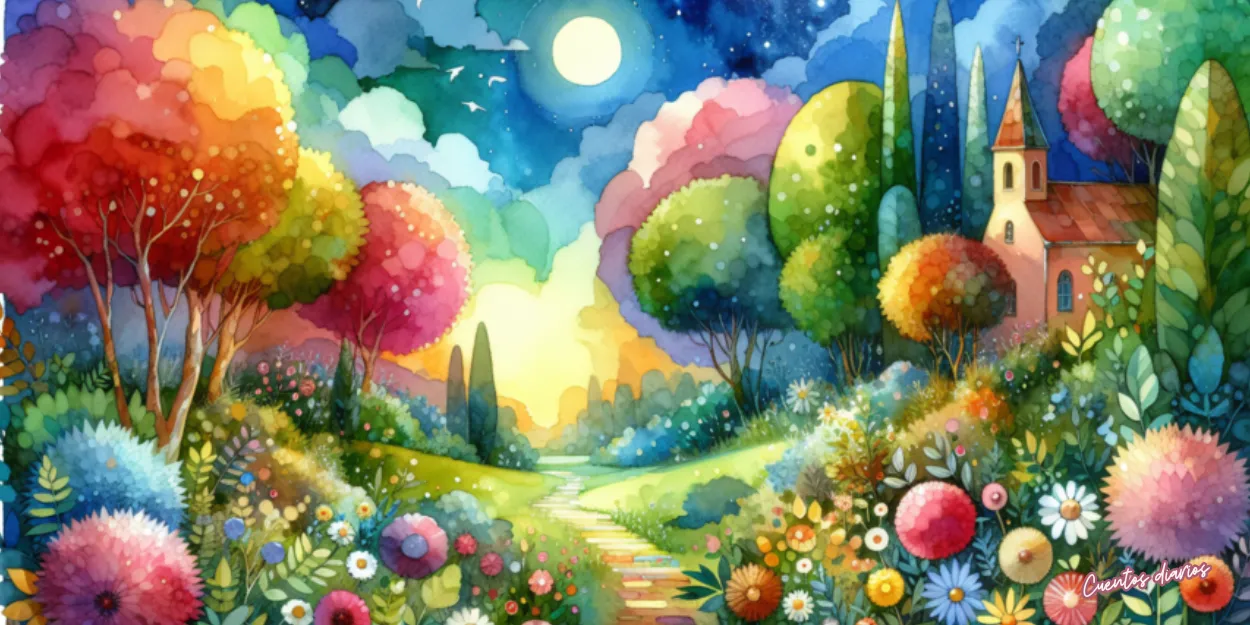 Dibujo en acuarelas de una valle mágico lleno de árboles y flores de colores que representa el viaje del pintor Alonso para descubrir su propósito en la vida.