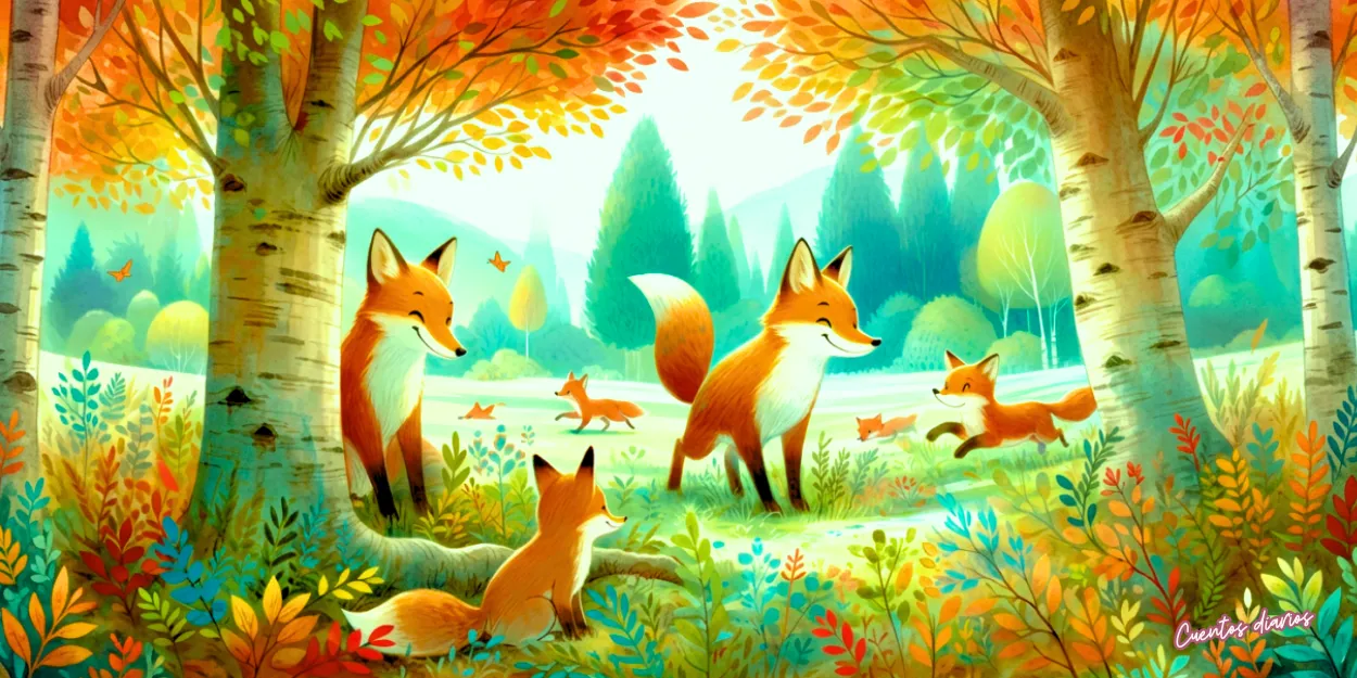 Dibujo en acuarelas de varios zorros en un bosque colorido, protagonistas del cuento infantil El principito y el zorro.