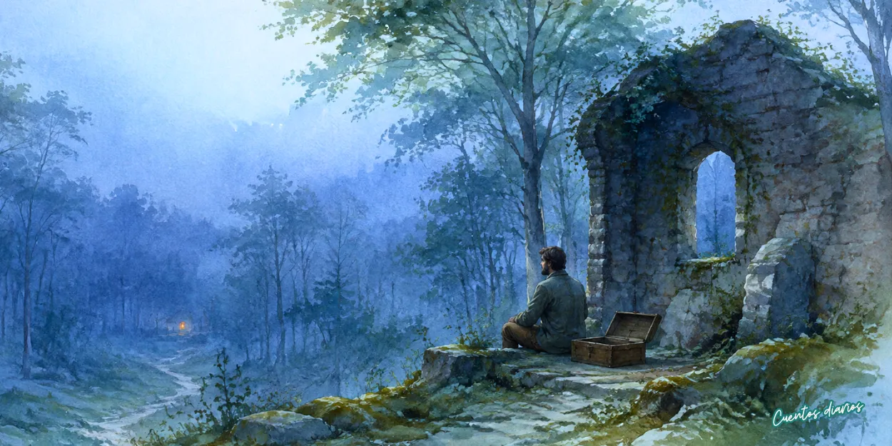 Dibujo en acuarelas de Lucas junto a un cofre vacío entre las ruinas del bosque en el cuento El tesoro del corazón noble.