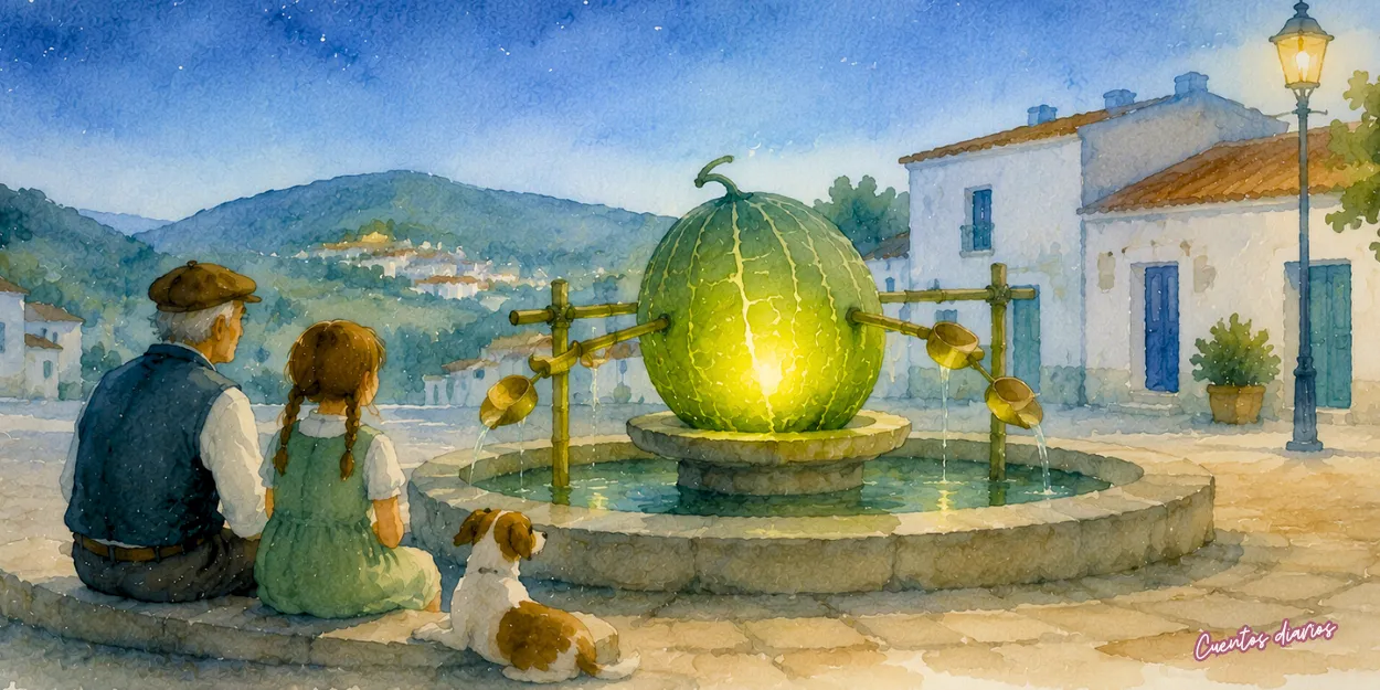 Dibujo en acuarelas de Martina, su abuelo Raúl y Manchitas que contemplan un melón mágico iluminado en la fuente de Llanos de Luz durante una noche de verano.