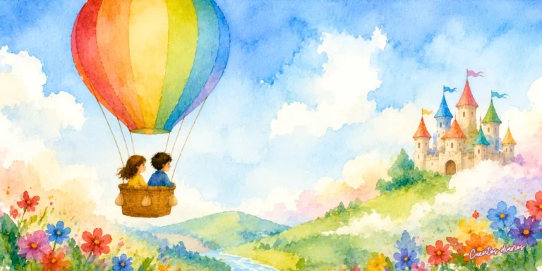 Lucía y Diego viajan en un globo aerostático de colores hacia un castillo mágico en una tierra de fantasía.