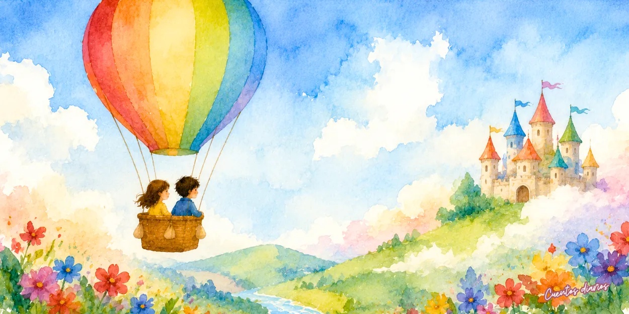 Lucía y Diego viajan en un globo aerostático de colores hacia un castillo mágico en una tierra de fantasía.