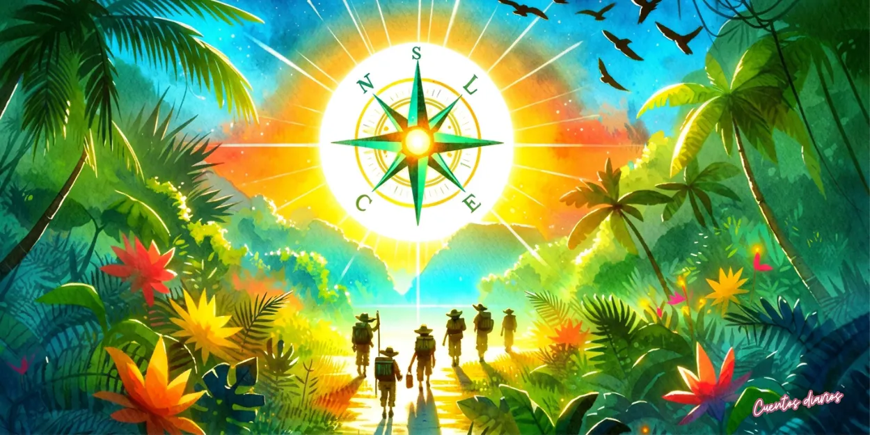 Dibujo en acuarela de los los Exploradores del Sol siguen una brújula mágica por la selva tropical en busca de un tesoro, para ilustrar un cuento de exploradores para niños y niñas.