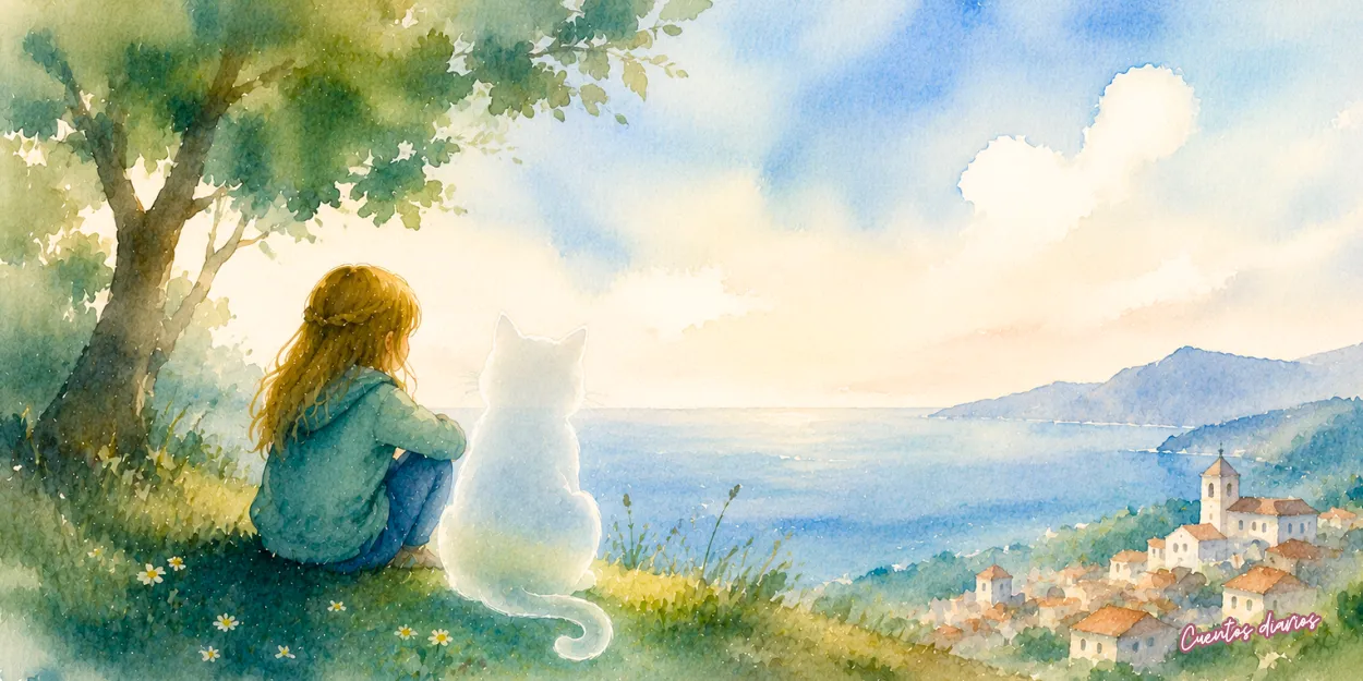 Dibujo en acuarela de una niña sentada junto a su gato invisible contemplando el mar y un pueblo costero, escena del cuento sobre Clara y Pitágoras.