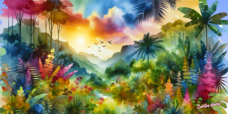 Dibujo en acuarelas de una selva amazónica llena de vegetación y flores de colores, escenario de la amistad entre la serpiente Serafina y el colibrí Luna.