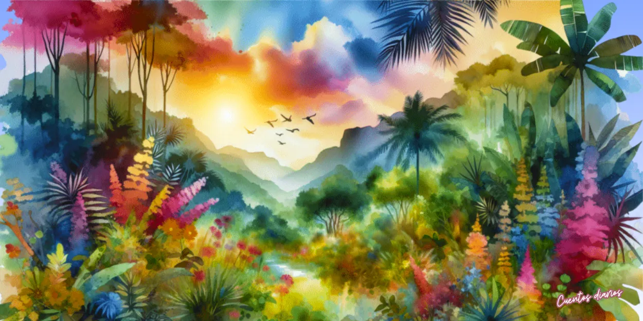 Dibujo en acuarelas de una selva amazónica llena de vegetación y flores de colores, escenario de la amistad entre la serpiente Serafina y el colibrí Luna.