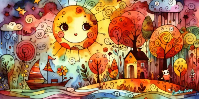 Dibujo en acuarelas de una biblioteca mágica con un gran sol, árboles fantásticos y un paisaje de cuento que representa el misterio de un libro prohibido.