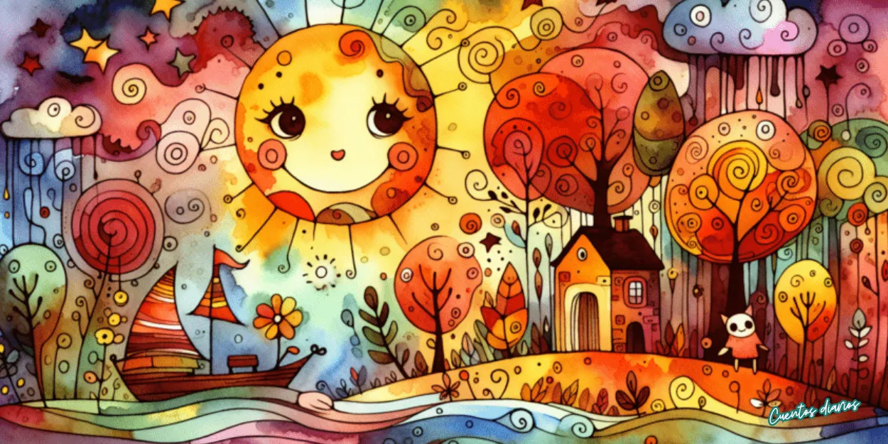 Dibujo en acuarelas de una biblioteca mágica con un gran sol, árboles fantásticos y un paisaje de cuento que representa el misterio de un libro prohibido.
