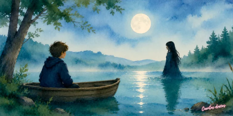 Alejandro observa desde una barca a Isabel, la bruja del Lago Místico, bajo la luna llena y sobre unas misteriosas aguas cristalinas rodeadas de bosque.