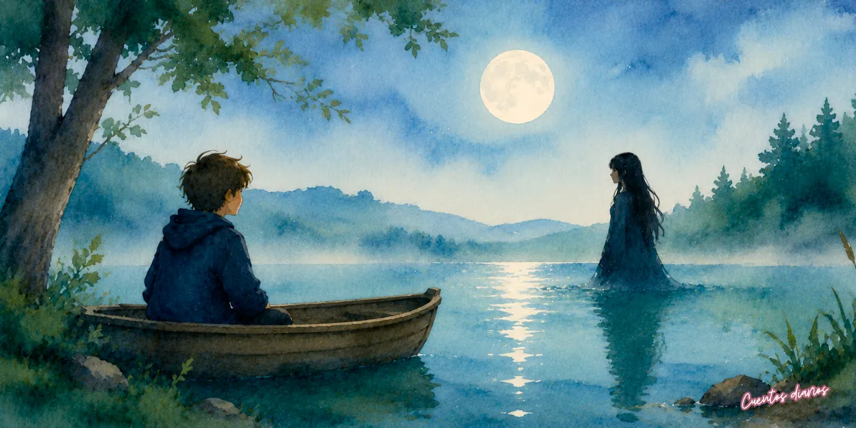 Alejandro observa desde una barca a Isabel, la bruja del Lago Místico, bajo la luna llena y sobre unas misteriosas aguas cristalinas rodeadas de bosque.