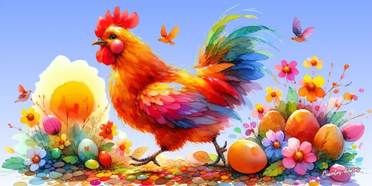 Dibujo en acuarela de una gallina de colores junto a varios huevos dorados y flores, ilustración del cuento infantil sobre el misterio del huevo de oro.