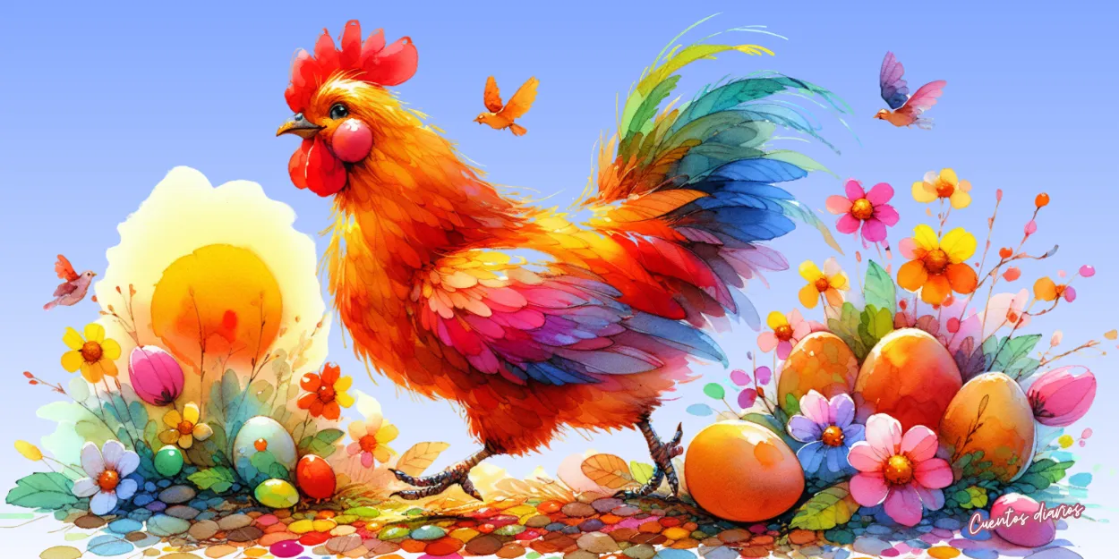 Dibujo en acuarela de una gallina de colores junto a varios huevos dorados y flores, ilustración del cuento infantil sobre el misterio del huevo de oro.