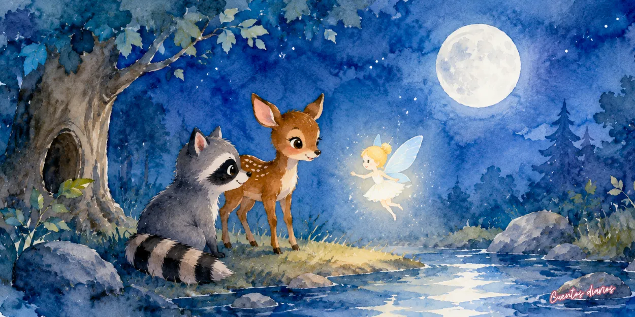 Dibujo en acuarelas de un mapache y cierva junto a un hada luminosa bajo la luna llena en un bosque mágico, ilustración infantil de fantasía, amistad y aventuras.