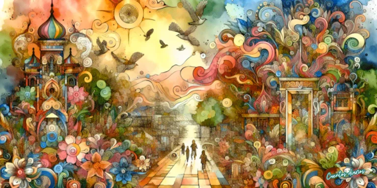 Martín recorre un camino hacia una ciudad fantástica guiado por un mapa mágico de destinos inesperados entre flores, torres y aves.