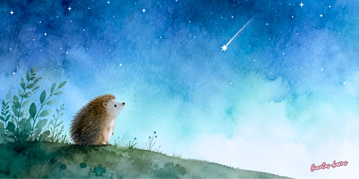 Ernesto, un pequeño erizo, observa una estrella fugaz bajo el cielo nocturno durante su aventura para descubrir su luz interior.