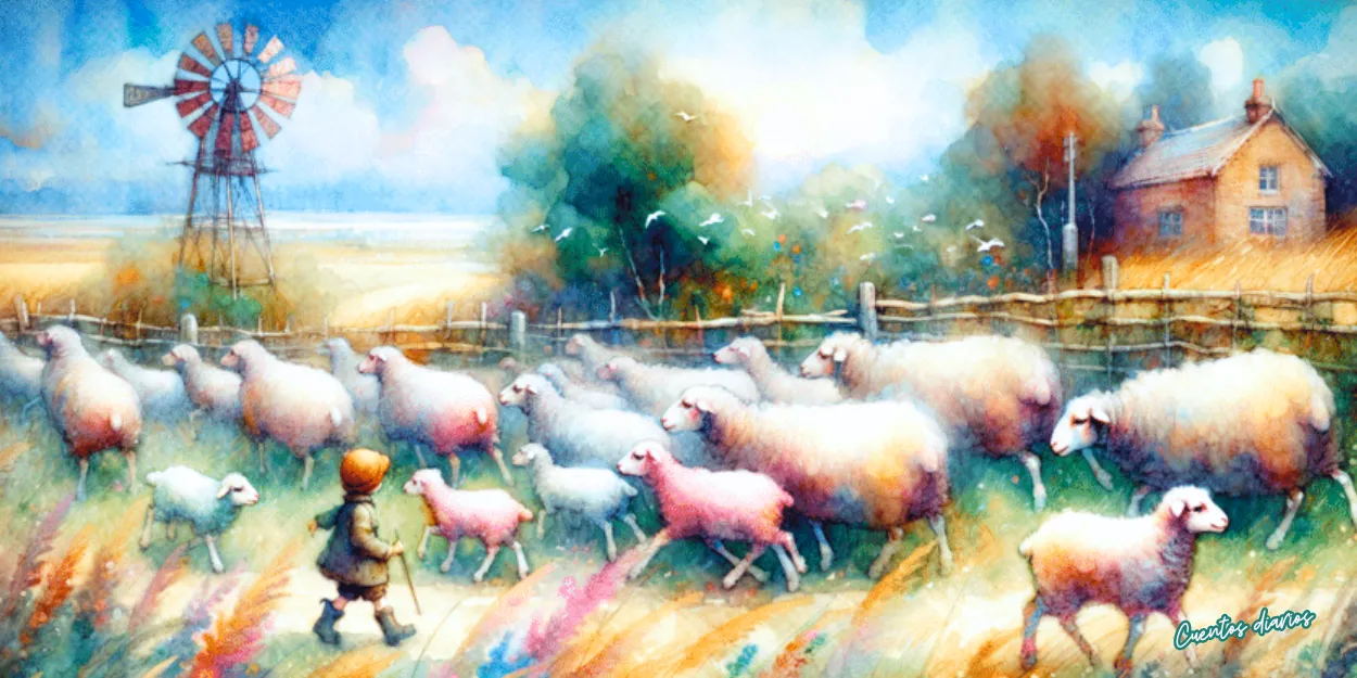 Dibujo en acuarelas de una oveja de lana blanca junto a un rebaño en un prado mientras un pastor las guía, ilustración infantil sobre solidaridad, invierno y generosidad.
