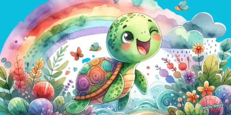 Tortuga Tina sonriendo mientras inicia su viaje por un paisaje colorido con arcoíris, símbolo de aventura, perseverancia y amistad el cuento de la tortuga Tina.