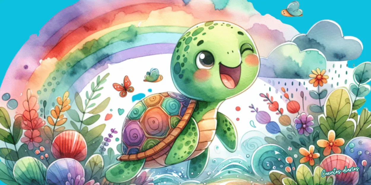 Tortuga Tina sonriendo mientras inicia su viaje por un paisaje colorido con arcoíris, símbolo de aventura, perseverancia y amistad el cuento de la tortuga Tina.