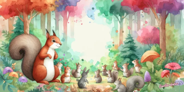 Dibujo en acuarela de una ardilla dorada rodeada de pequeñas ardillas en un bosque mágico lleno de árboles coloridos, flores y grandes setas.