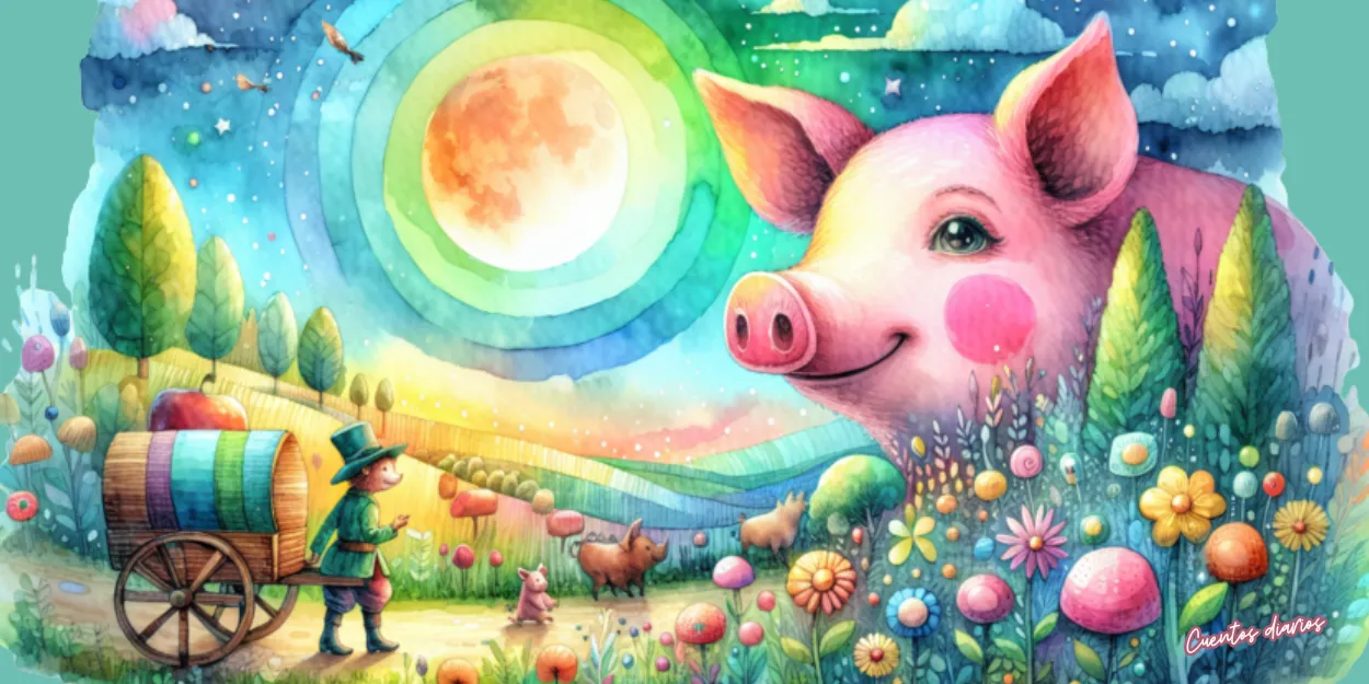 Cerdito sonriente en un paisaje mágico con flores de colores, luna brillante y un viajero junto a una carreta.
