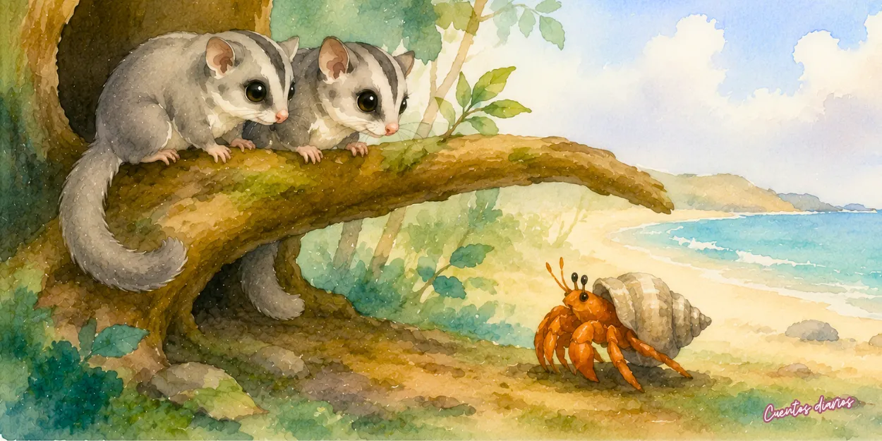 Dibujo en acuarelas de Timmy y Lucy, dos petauros del azúcar, observan a un cangrejo ermitaño junto a un árbol cerca de la playa antes de ayudarlo a regresar al mar.